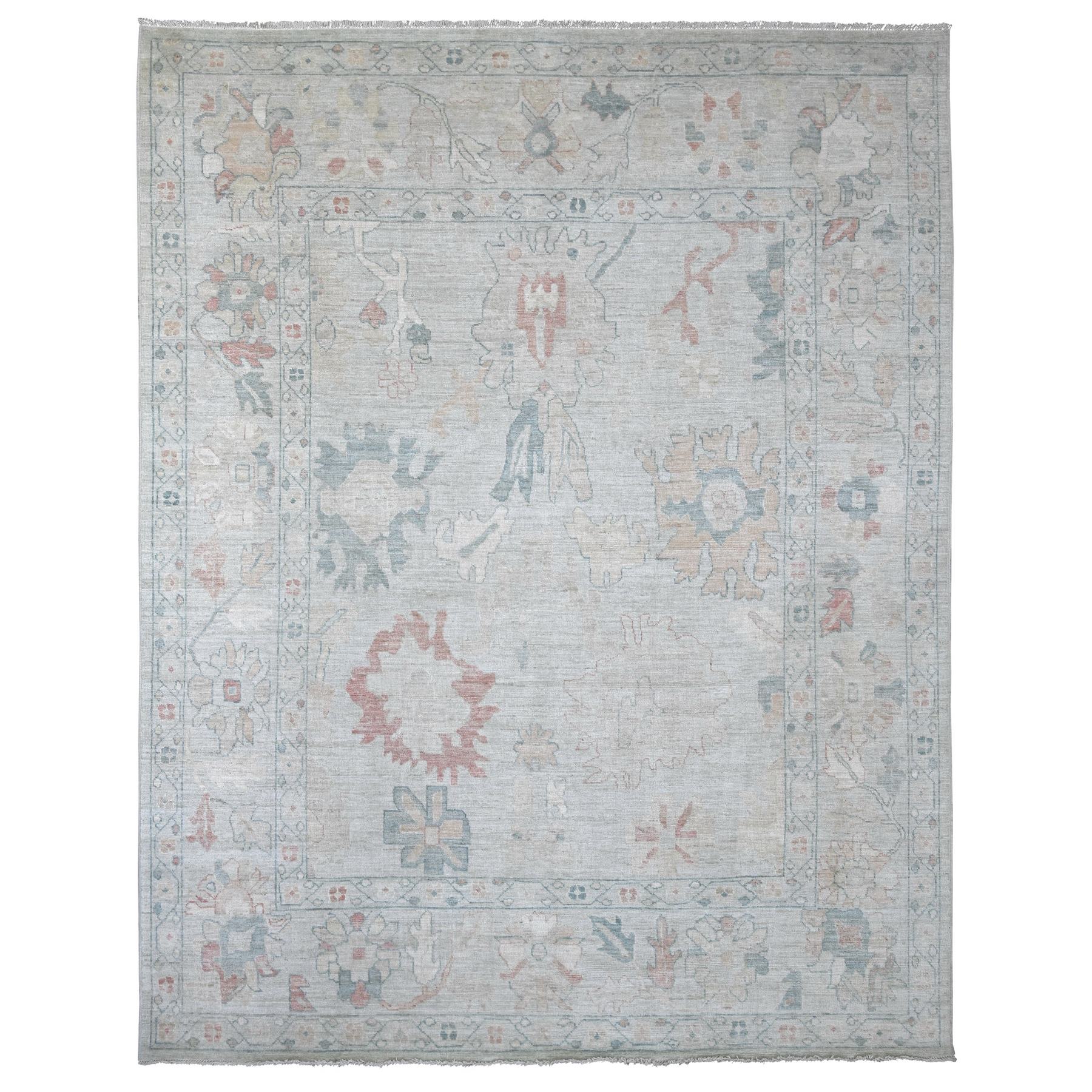 8'10"x11'5" Beau Blue, Hand Knotted, Afghan Angora Oushak with All Over Leaf Design, 100% Wool, Vegetable Dyes, Oriental Rug 